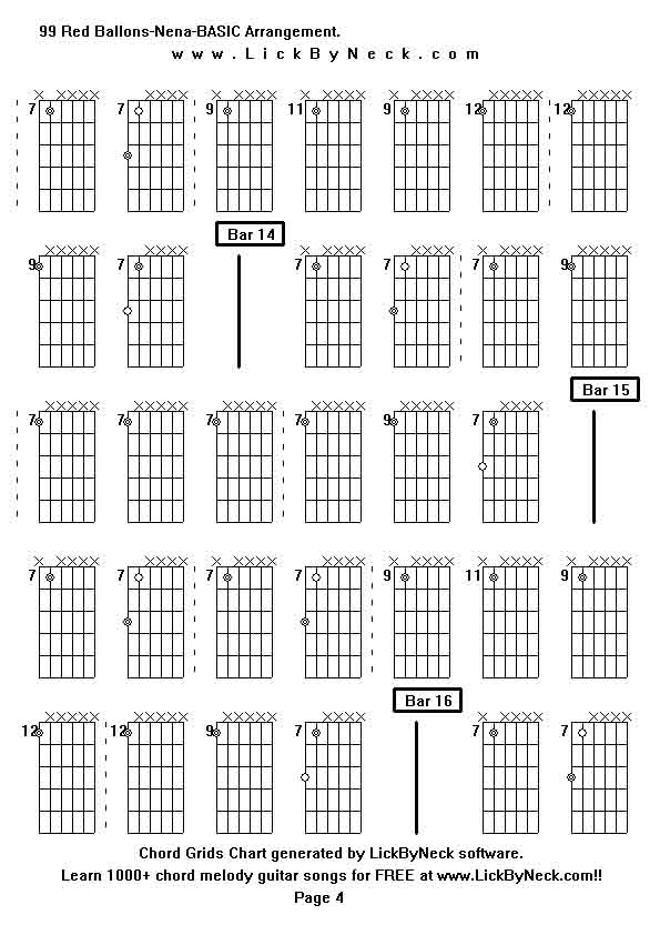 Chord Grids Chart of chord melody fingerstyle guitar song-99 Red Ballons-Nena-BASIC Arrangement,generated by LickByNeck software.